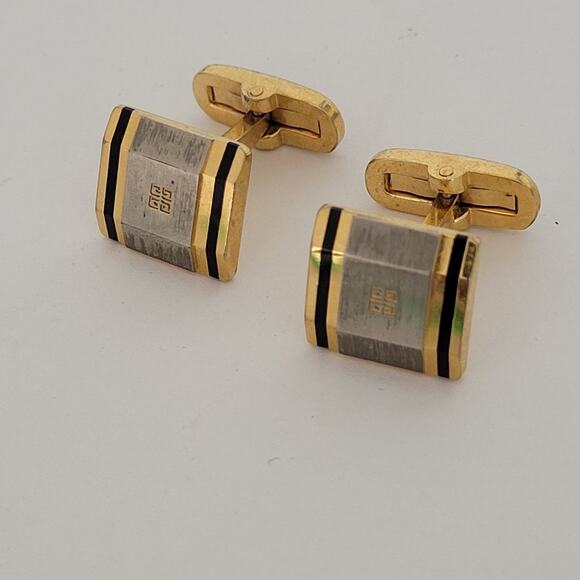 Givenchy G French Tie Bar Clip Cufflinks Set Gold Silver Tone Logo Geometric - Picture 10 of 15